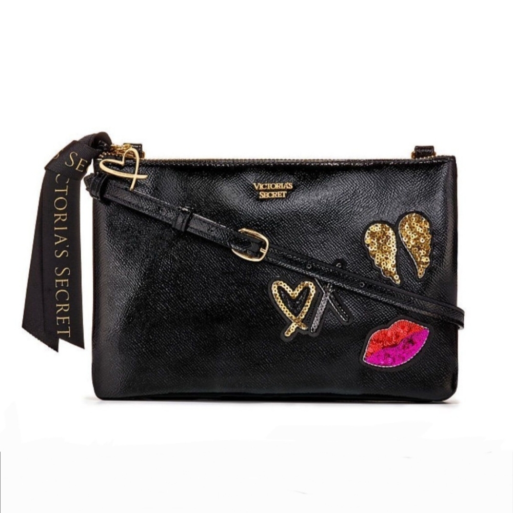 VICTORIA'S SECRET Black Runway Patch Crossbody Glam Bag